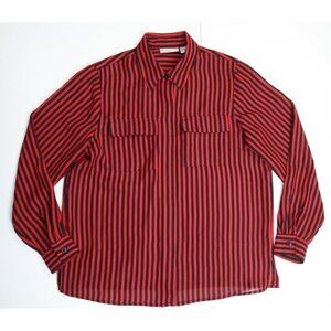 VINTAGE WOMEN'S RED & BLACK STRIPED BUTTON-UP BLOUSE - ALFRED DUNNER - SIZE 12P